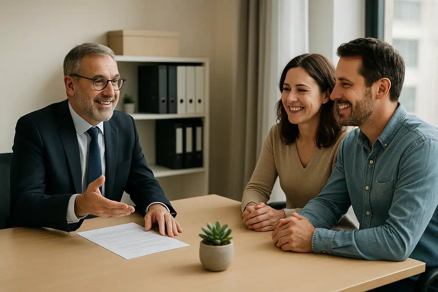 Illustration d'une consultation notariale chaleureuse entre un couple et un notaire